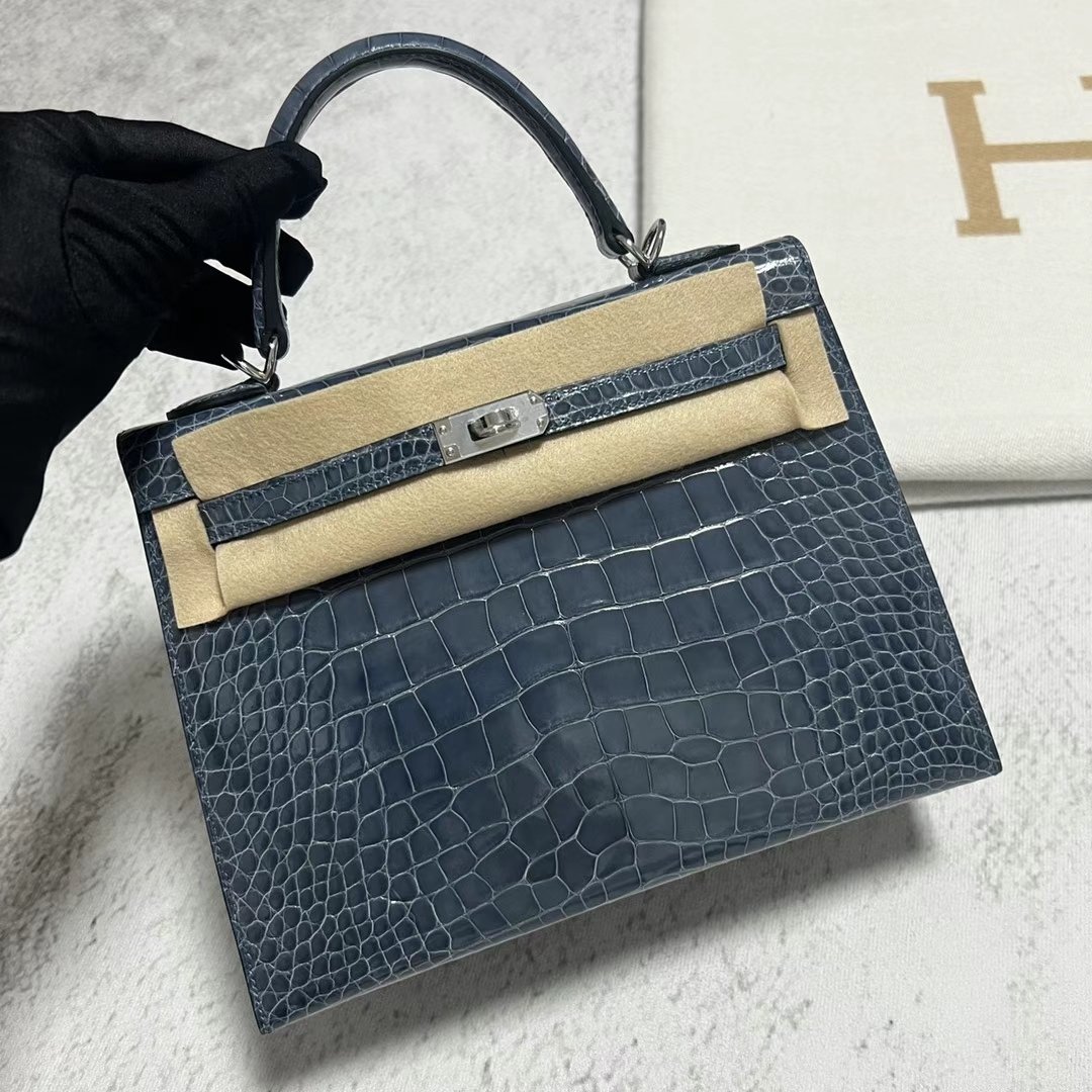 Uncle Bench Hermes Kelly shiny alligator N7 Dark blue Silver Hardware Phw 25cm Full Handmade