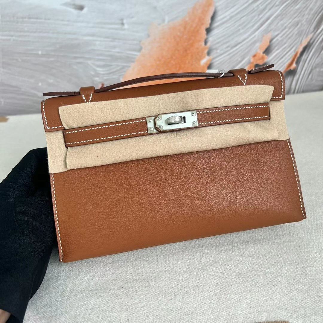 Uncle Bench Hermes Mini Kelly Pochette Swift Ck37 Golden brown Silver Hardware Phw 22cm Full Handmade