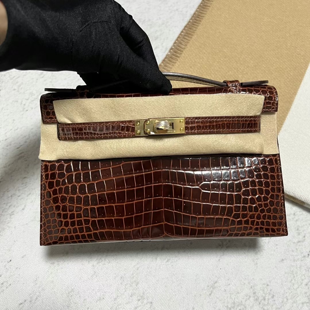 Uncle Bench Hermes Mini Kelly Pochette shiny porosus cc31 Miel Brown Gold Hardware ghw 22cm Full Handmade