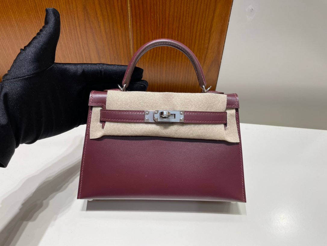 Uncle Bench Hermes Mini kelly Boxcalf purplish red Silver Hardware PHW 19cm Full Handmade