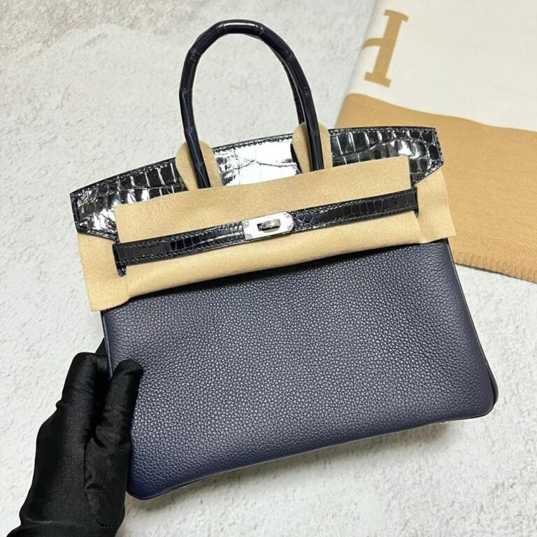 Uncle Bench Hermes Birkin Touch Togo & Shiny crocodile Deep blue Silver Hardware 25cm Full Handmade