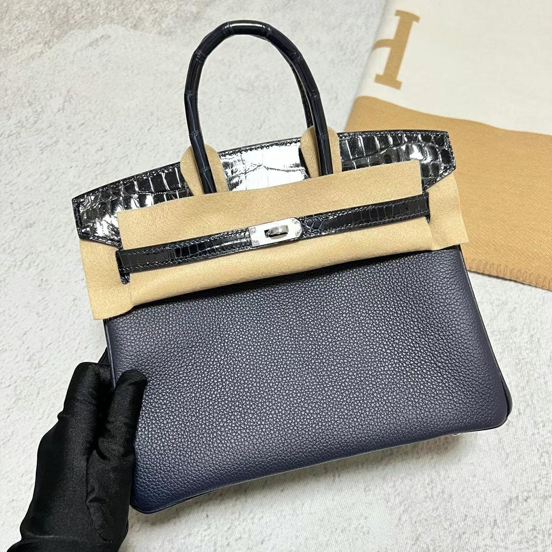 Uncle Bench Hermes Birkin Touch Togo & Shiny crocodile Deep blue Silver Hardware 25cm Full Handmade