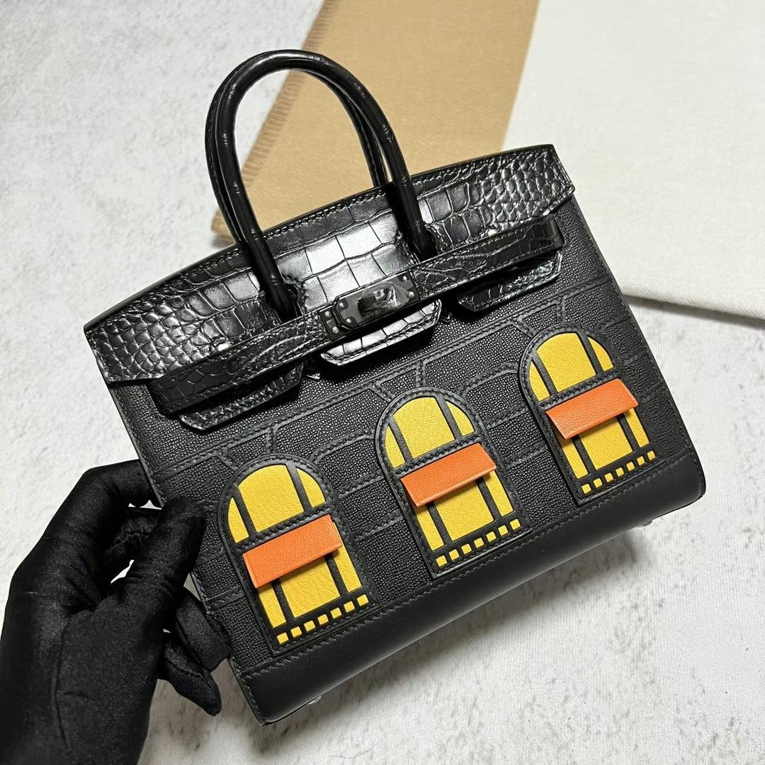 Uncle Bench Hermes Birkin So Black Epsom & Shiny Alligator Black buckle 20cm Full Handmade