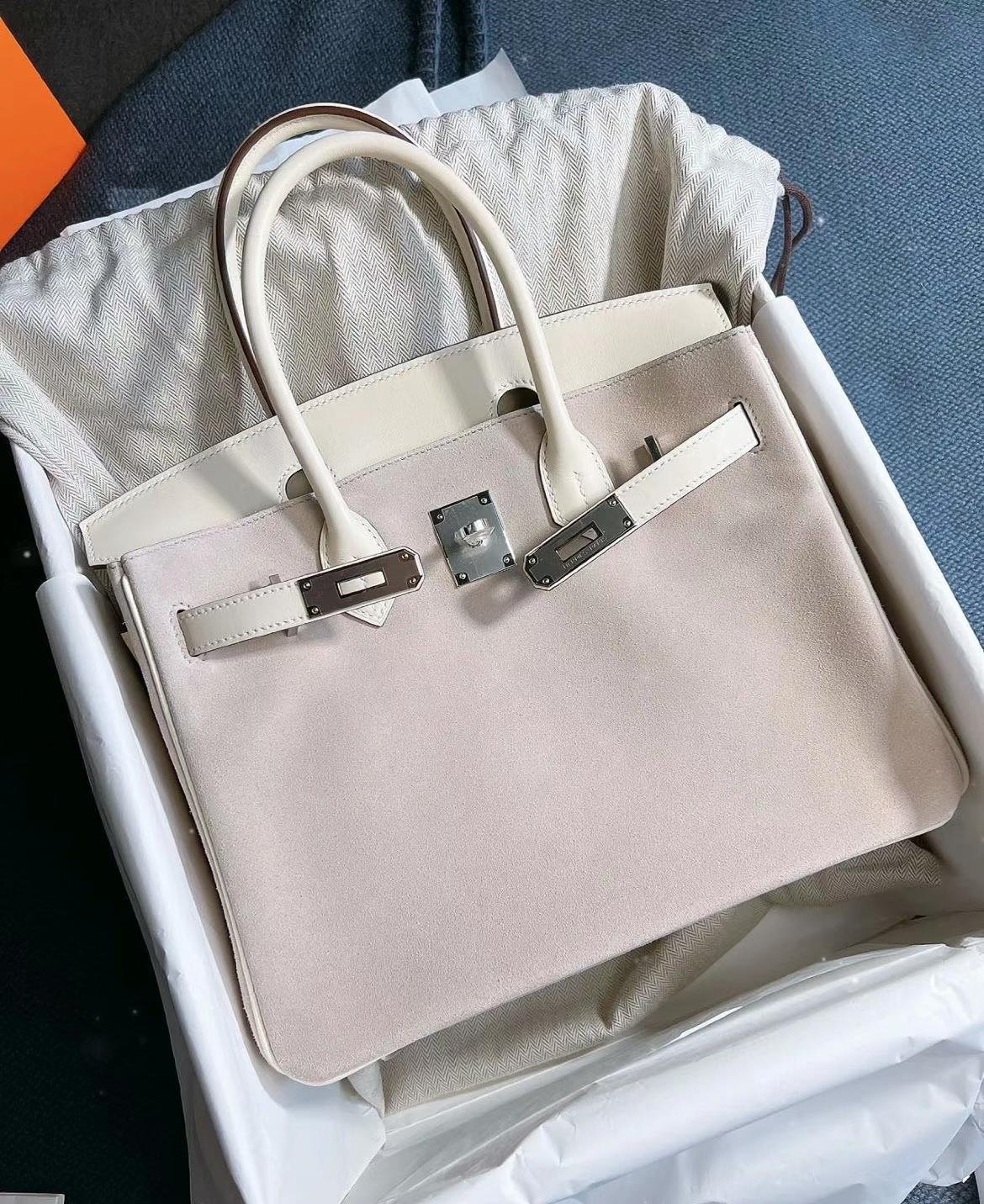 Uncle Bench Hermes Birkin Suede & Swift Taro color & Creamy white Silver Hardware 25cm Full Handmade
