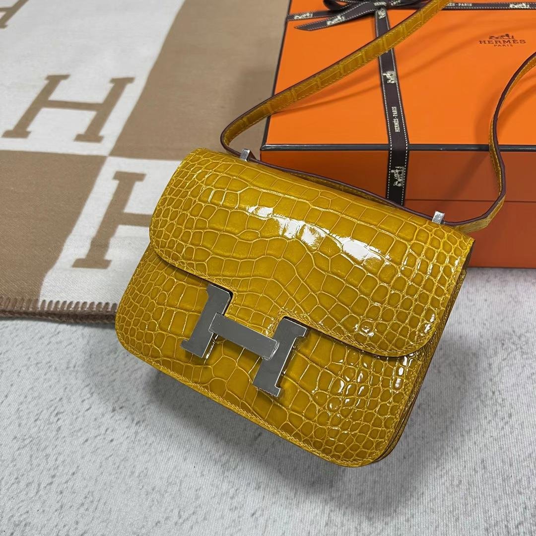 Uncle Bench Hermes Constance Shiny Alligator 9D Amber yellow Silver Hardware Phw 18cm Full Handmade