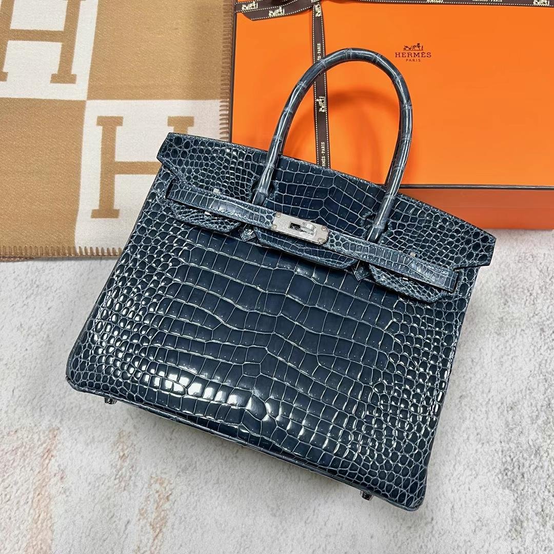 Uncle Bench Hermes Birkin Shiny Porosus Crocodile N7 Dark blue Silver Hardware Phw 30cm Full Handmade