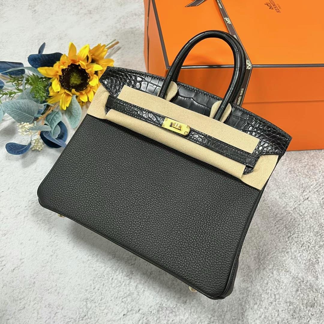 Uncle Bench Hermes Birkin Touch Togo & Matte Alligator Ck89 Black Gold Hardware 25cm Full Handmade