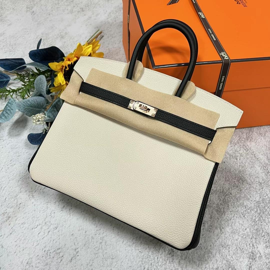 Uncle Bench Hermes Birkin Togo White & Black Rose Gold Hardware 25cm Full Handmade