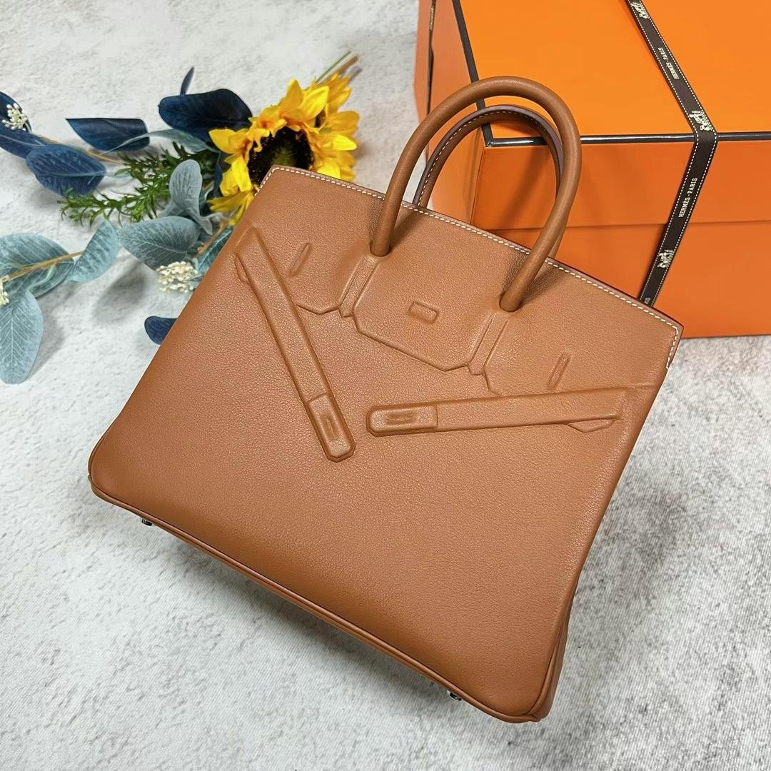 Uncle Bench Hermes Birkin Shadow Swift Golden Brown Silver Hardware 25cm Full Handmade