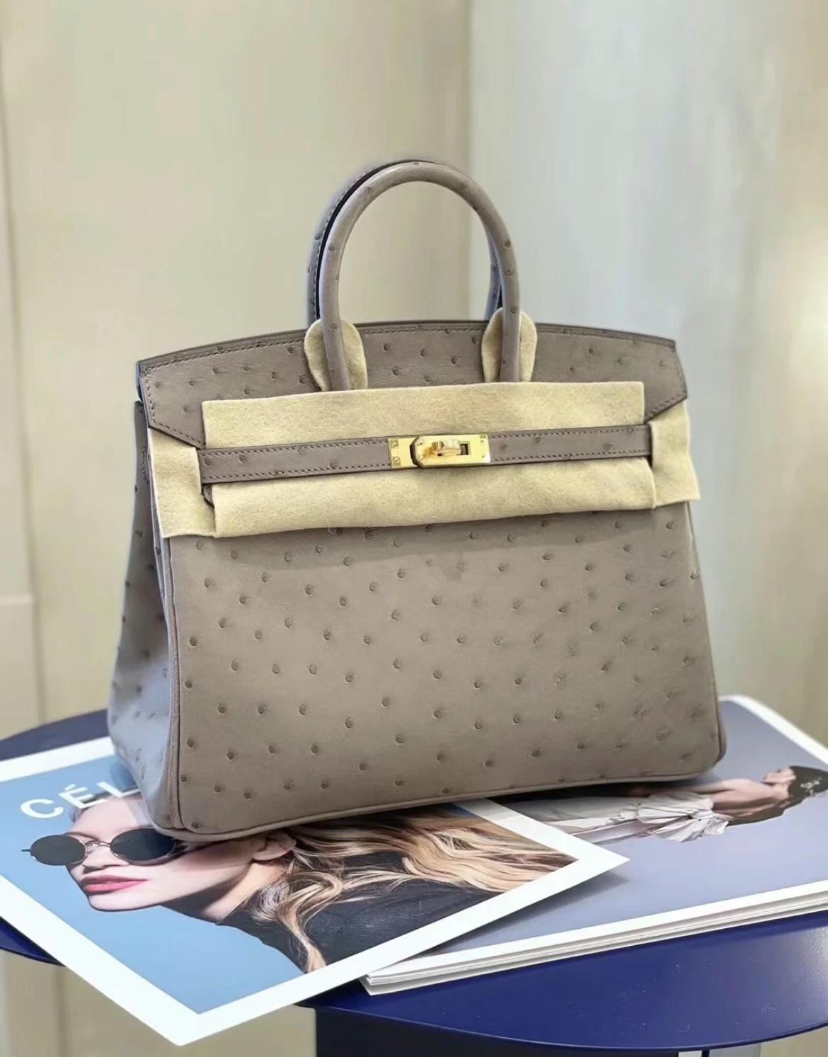 Uncle Bench Hermes Birkin Ostrich Ck81 Griss Gold Hardware 25cm Full Handmade