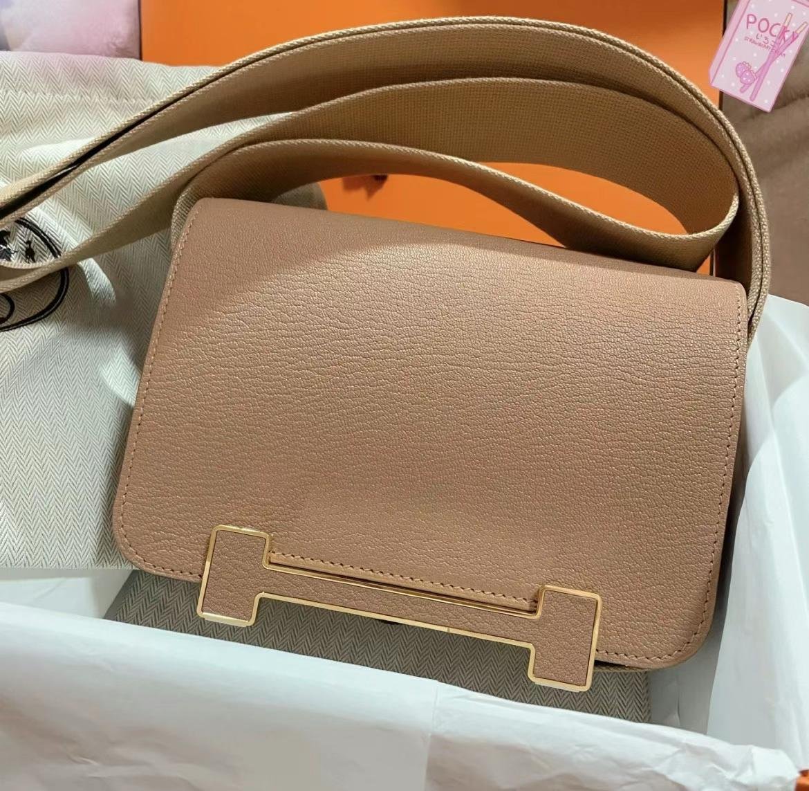 Uncle Bench Hermes Geta Chevre 2J khaki & 0M Tea color Gold Hardware 20cm Full Handmade