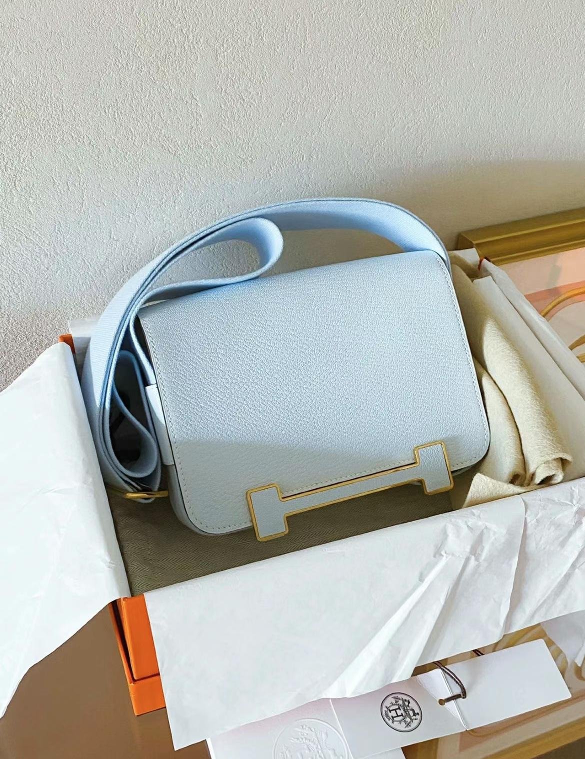 Uncle Bench Hermes Geta Chevre T0 Light blue Gold Hardware 20cm Full Handmade