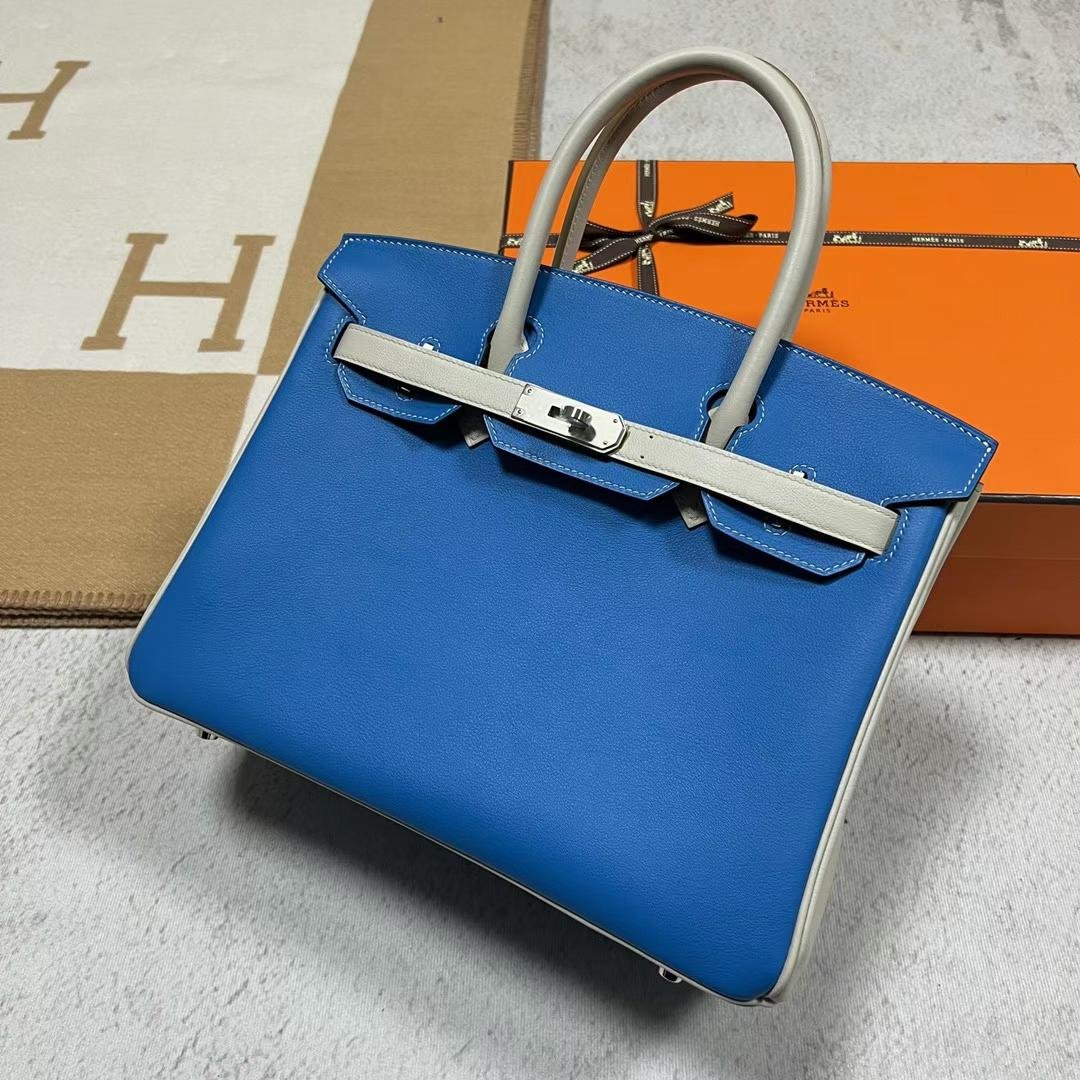 Uncle Bench Hermes Birkin Hss Swift T7 Bright blue & Ck80 Pearl grey Silver Hardware 30cm Full Handmade