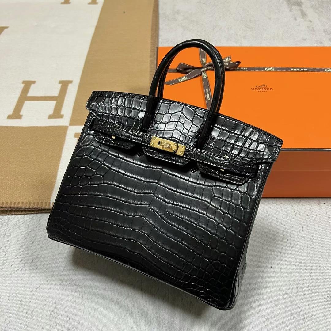 Uncle Bench Hermes Birkin Matte Nilo Crocodile Ck89 Black Gold Hardware GHW 25cm Full Handmade