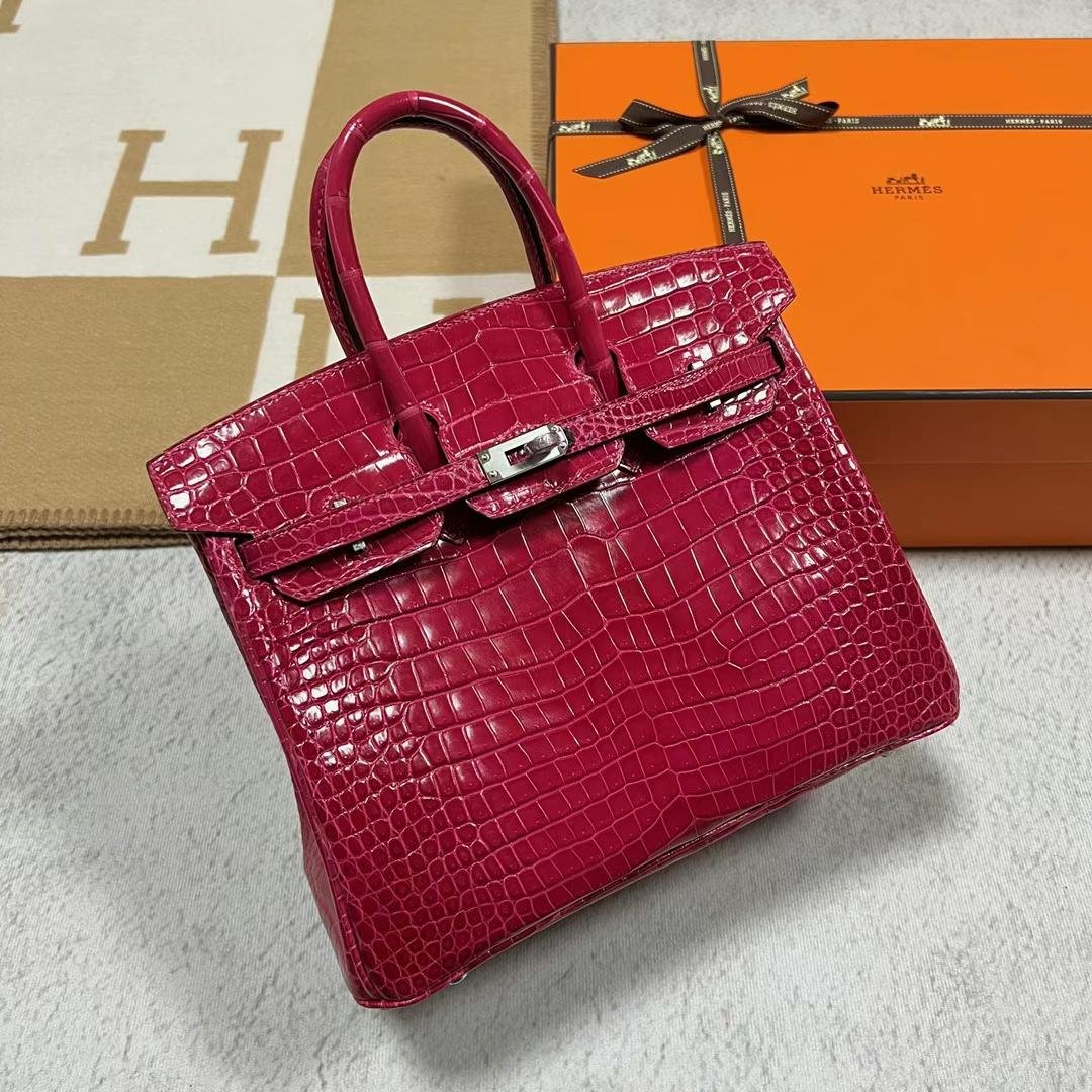 Uncle Bench Hermes Birkin Shiny Porosus Crocodile i6 Rose Pink Silver Hardware 25cm Full Handmade