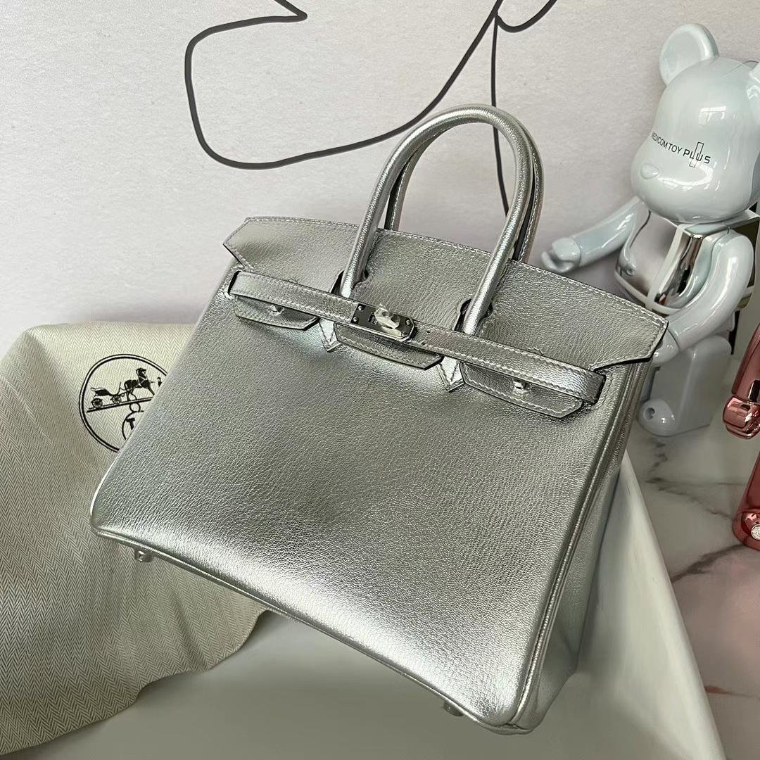 Uncle Bench Hermes Birkin Chevre Silver & Black Silver Hardware 25cm Full Handmade