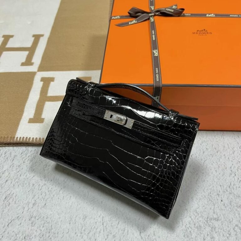 Uncle Bench Hermes Mini Kelly Pochette Shiny Alligator Crocodile Ck89 Black Silver Hardware 22cm Full Handmade