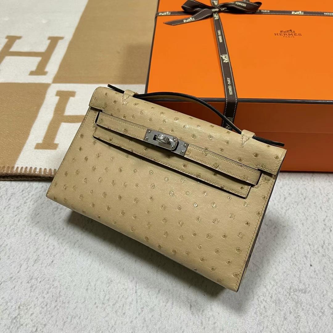Uncle Bench Hermes Mini Kelly Pochette Ostrich S2 khaki Silver Hardware PHW 22cm Full Handmade