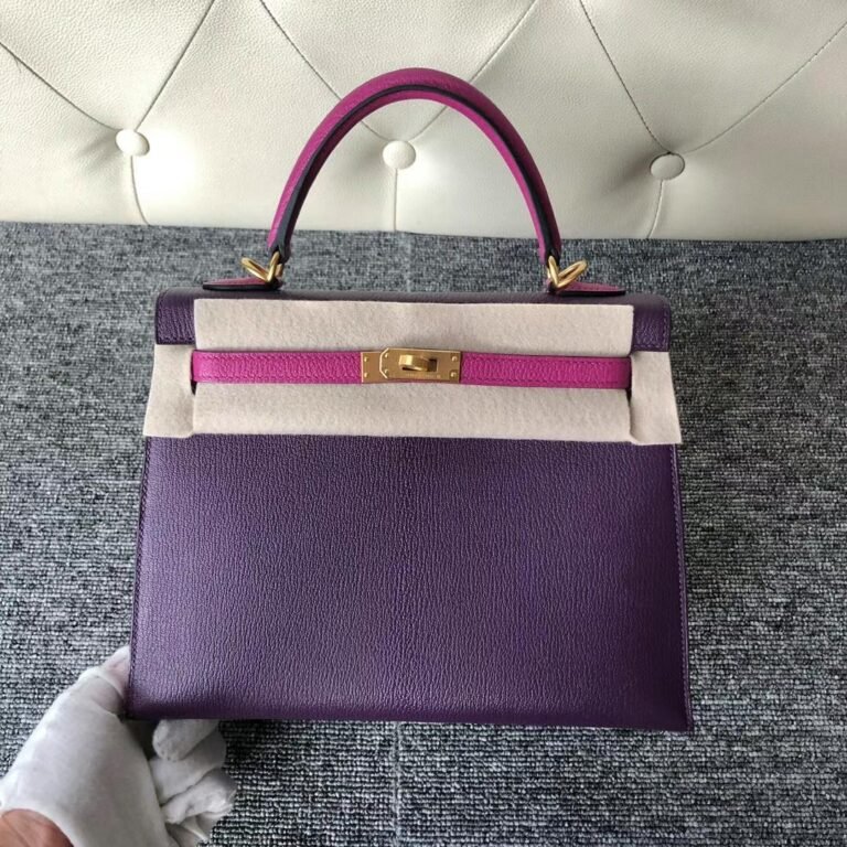 Uncle Bench Hermes Kelly Hss Chevre Ck59 grape purple & L3 Rose pink Gold Hardware 25cm Full Handmade