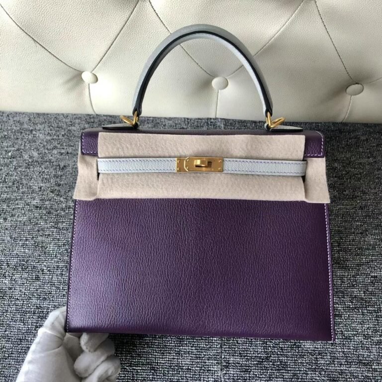 Uncle Bench Hermes Kelly Hss Chevre Ck59 grape purple & Ck80 Pearl grey Gold Hardware 25cm Full Handmade