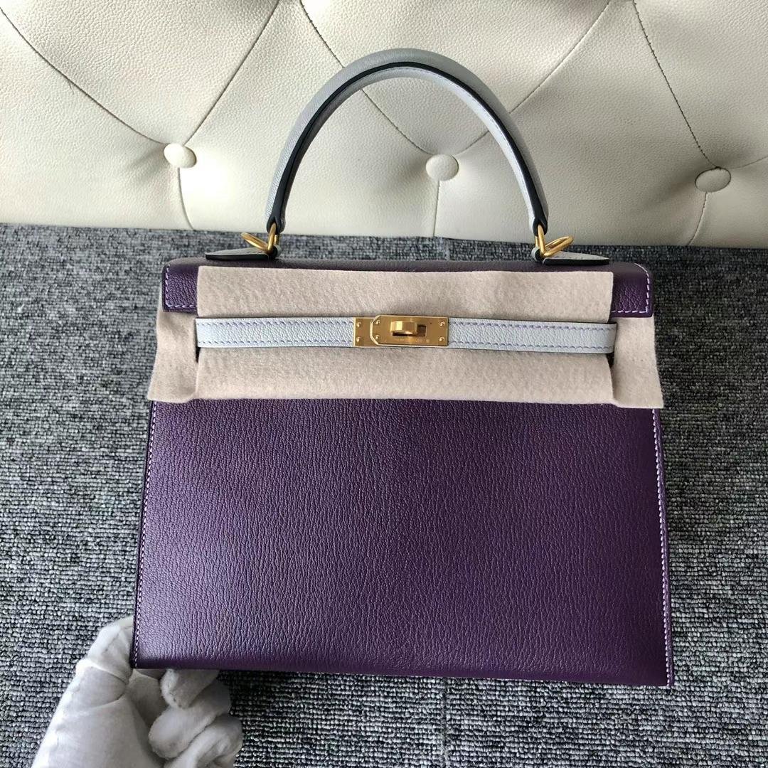 Uncle Bench Hermes Kelly Hss Chevre Ck59 grape purple & Ck80 Pearl grey Gold Hardware 25cm Full Handmade