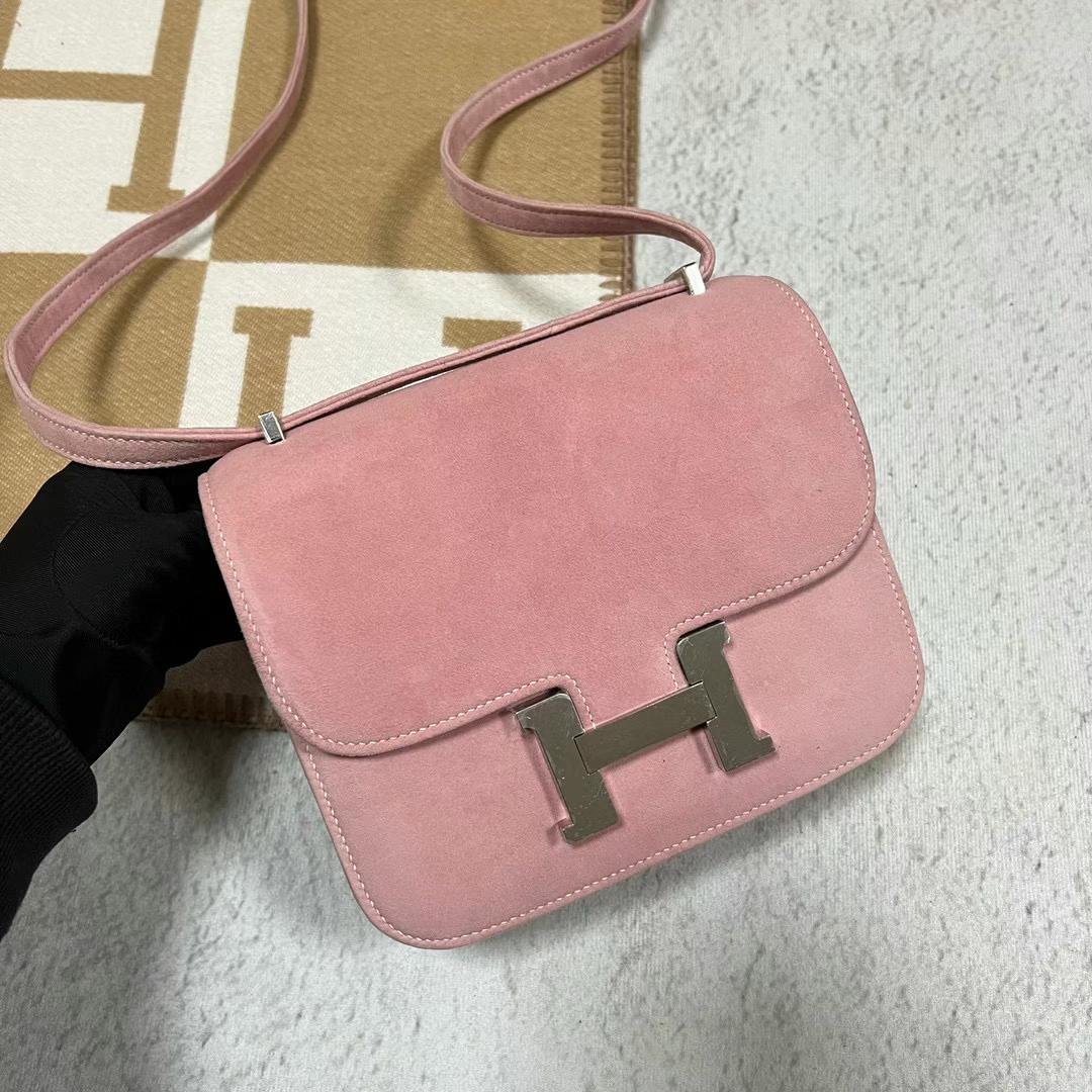 Uncle Bench Hermes Constance Suede Chamois T5 Rose Pink Silver Hardware 19cm Full Handmade