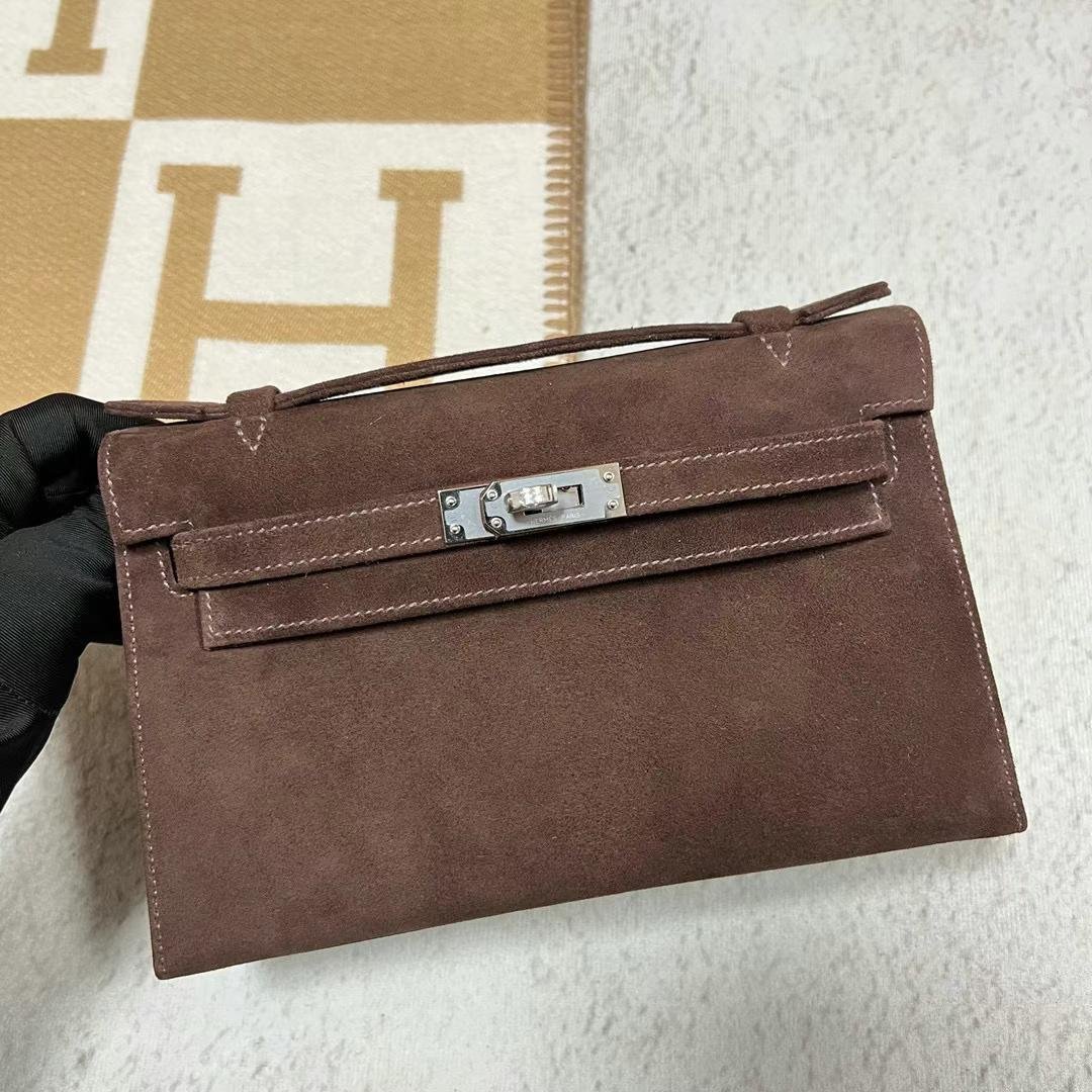 Uncle Bench Hermes Mini Kelly Pochette Suede Ck47 chocolate Silver Hardware 22cm Full Handmade