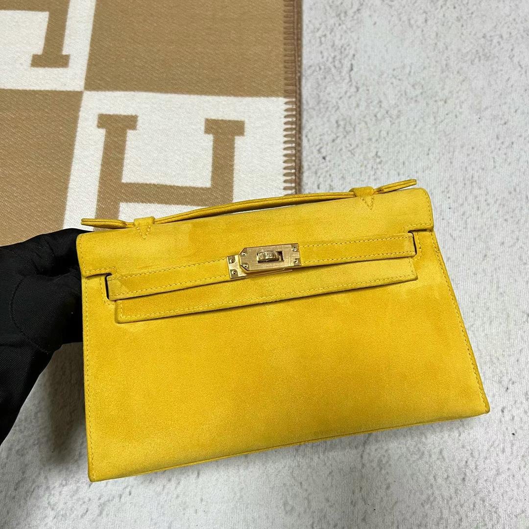 Uncle Bench Hermes Mini Kelly Pochette Suede 9D Amber yellow Gold Hardware 22cm Full Handmade