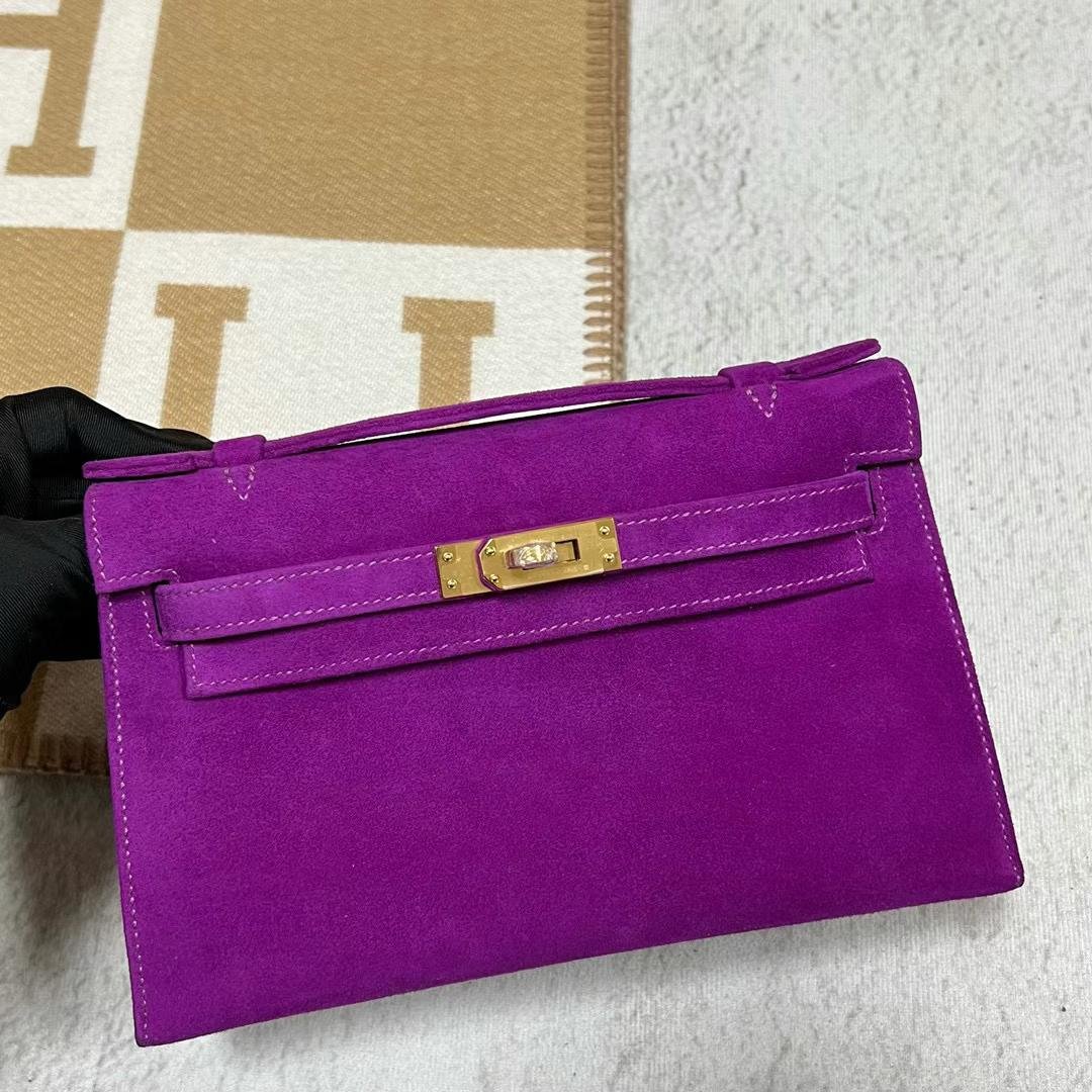 Uncle Bench Hermes Mini Kelly Pochette Suede P9 actiniae purple Gold Hardware 22cm Full Handmade
