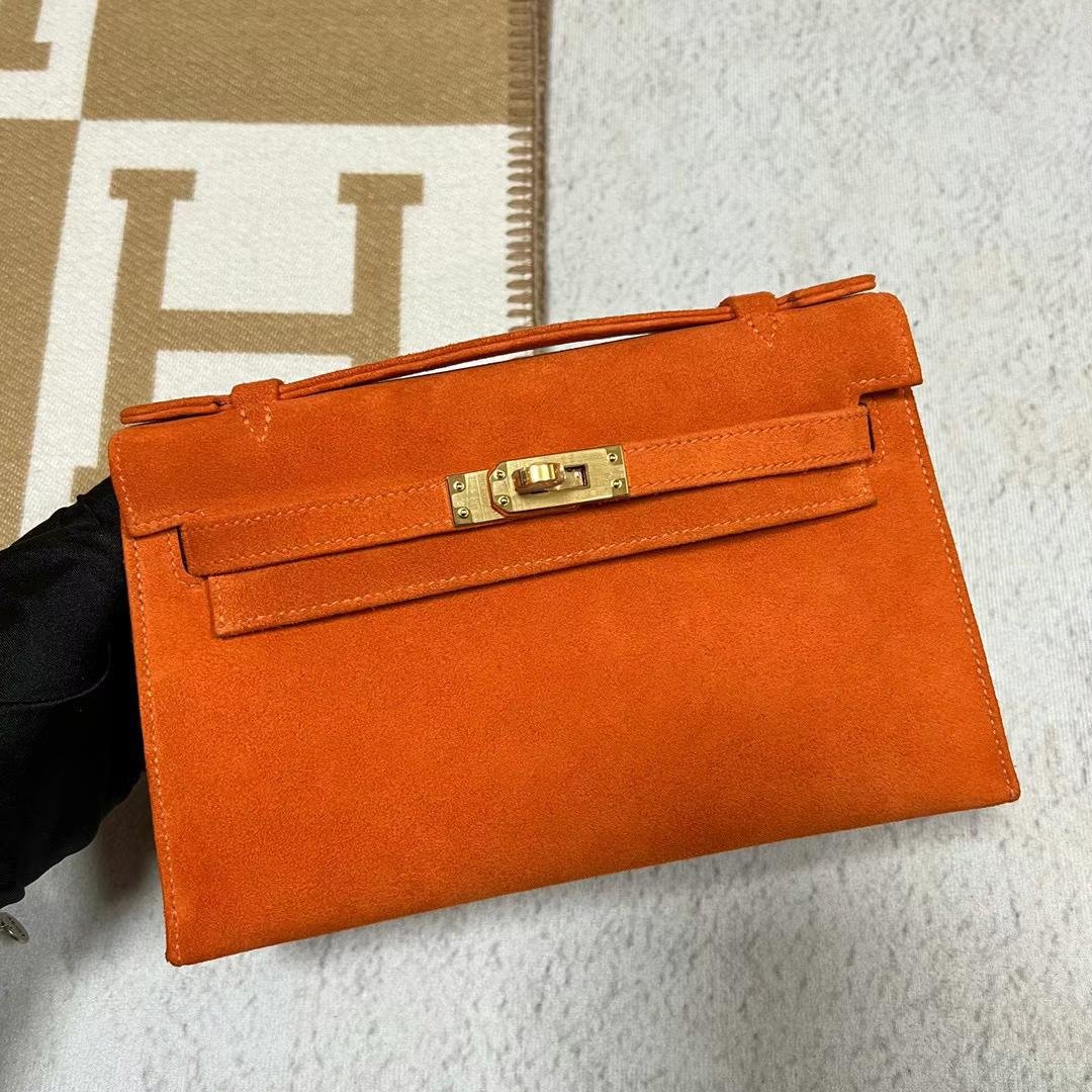 Uncle Bench Hermes Mini Kelly Pochette Suede Ck93 Orange Gold Hardware 22cm Full Handmade