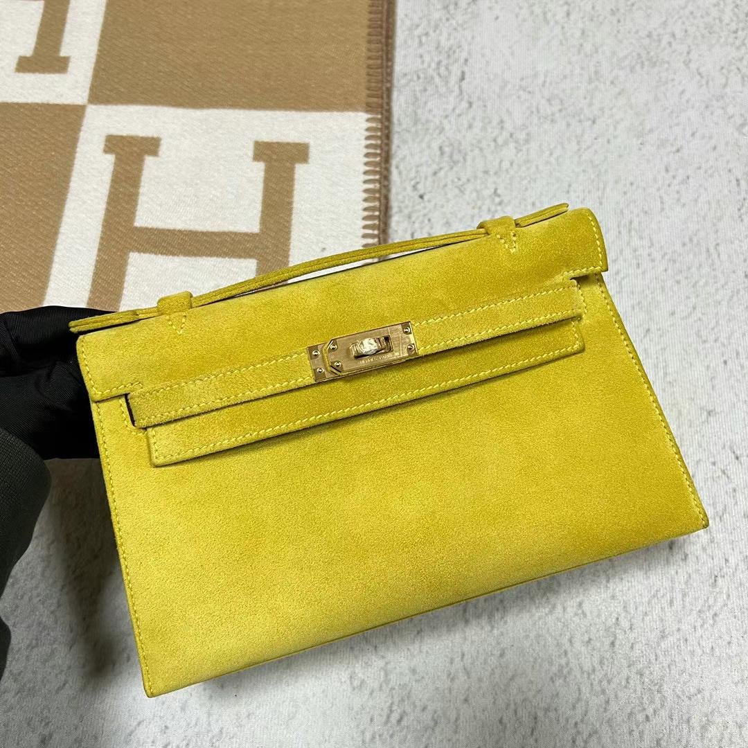 Uncle Bench Hermes Mini Kelly Pochette Suede 9R Lemon Yellow Gold Hardware 22cm Full Handmade