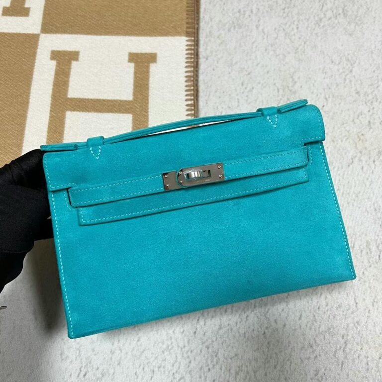 Uncle Bench Hermes Mini Kelly Pochette Suede 7F Peacock blue Silver Hardware 22cm Full Handmade