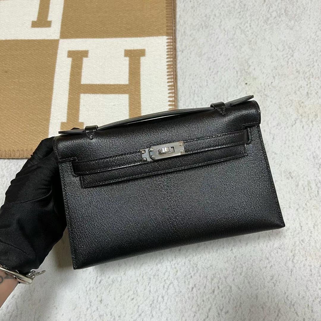 Uncle Bench Hermes Mini Kelly Pochette Chevre Ck89 Black Silver Hardware 22cm Full Handmade