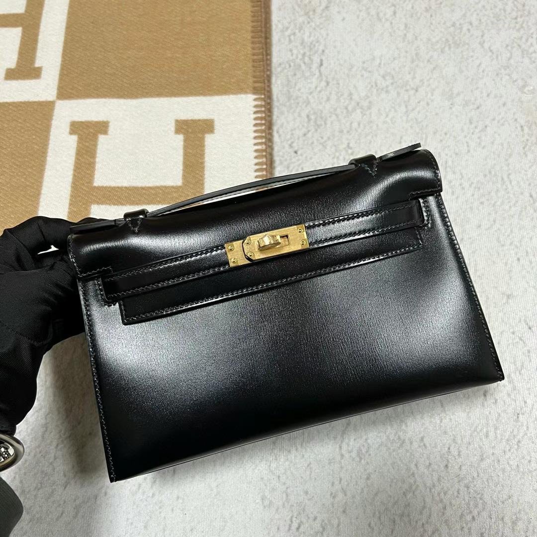 Uncle Bench Hermes Mini Kelly Pochette Boxcalf Ck89 Black Gold Hardware 22cm Full Handmade