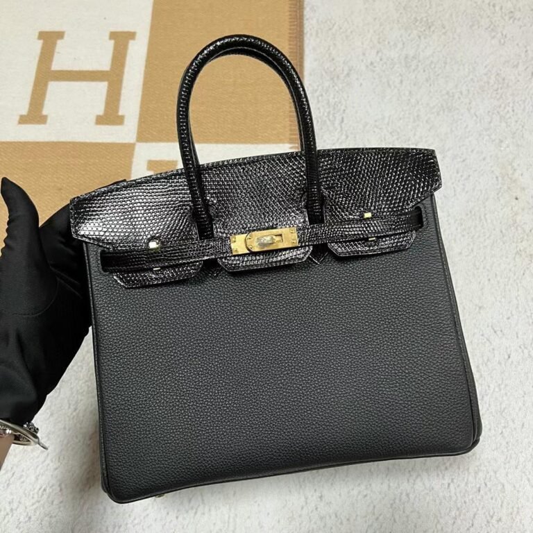 Uncle Bench Hermes Birkin Touch Togo & Shiny Lizard Ck89 Black Gold Hardware 25cm Full Handmade