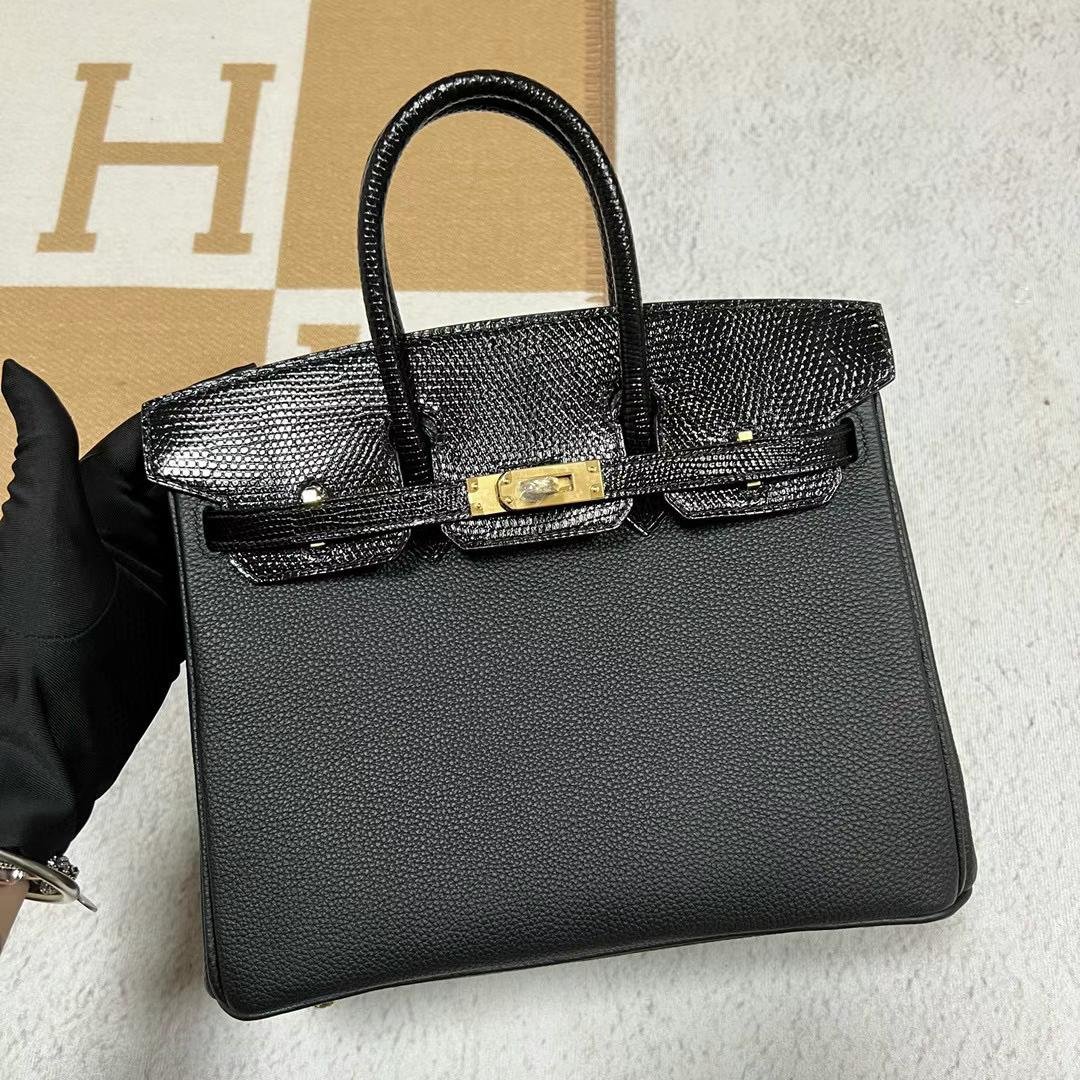 Uncle Bench Hermes Birkin Touch Togo & Shiny Lizard Ck89 Black Gold Hardware 25cm Full Handmade