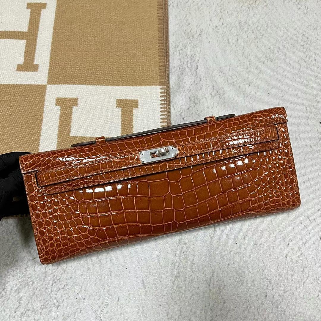 Uncle Bench Hermes Kelly cut shiny Porosus cc33 Brown Silver Hardware phw 31cm Full Handmade