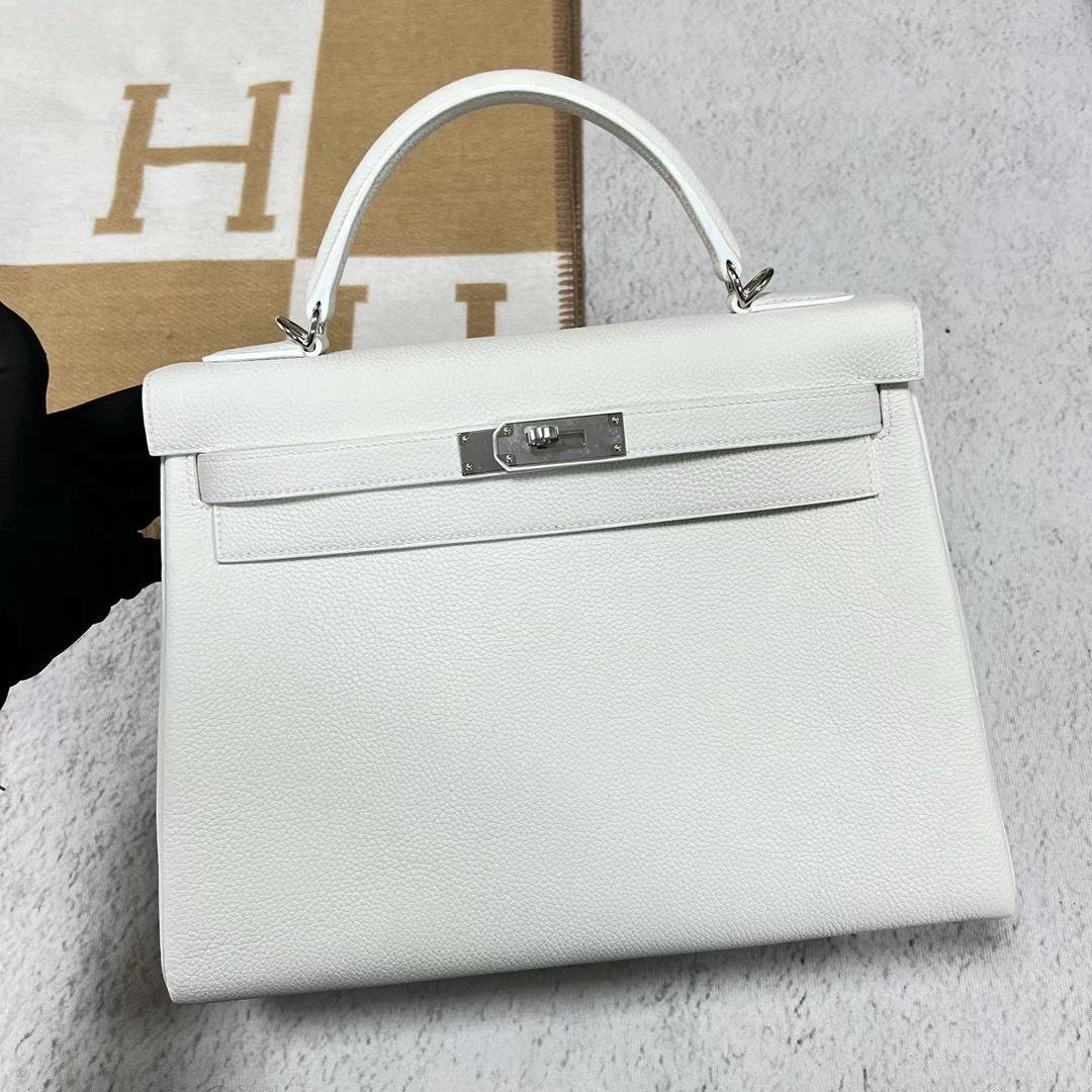 Uncle Bench Hermes Kelly Togo 01 Pure white Silver Hardware 32cm Full Handmade