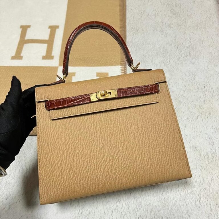 Uncle Bench Hermes Kelly Touch Epsom & Shiny crocodile dark khaki & Brown Gold Hardware 25cm Full Handmade