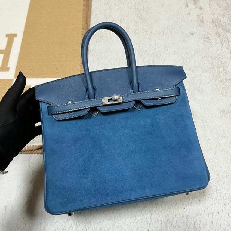 Uncle Bench Hermes Birkin Grizzly chamois & Swift O8 Royal blue Silver Hardware 25cm Full Handmade