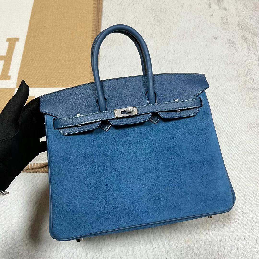 Uncle Bench Hermes Birkin Grizzly chamois & Swift O8 Royal blue Silver Hardware 25cm Full Handmade